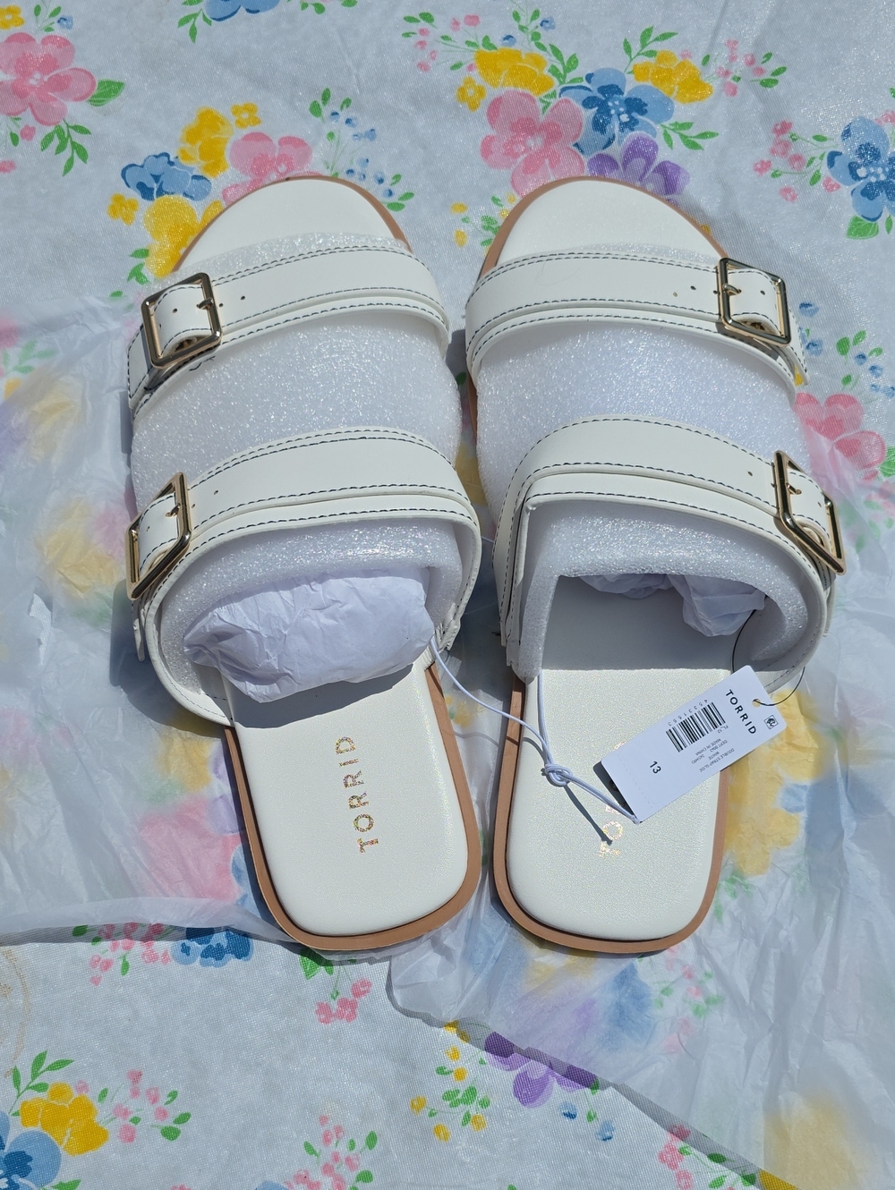 torrid White Dual-Buckle Slide Sandals with Gold Buckles